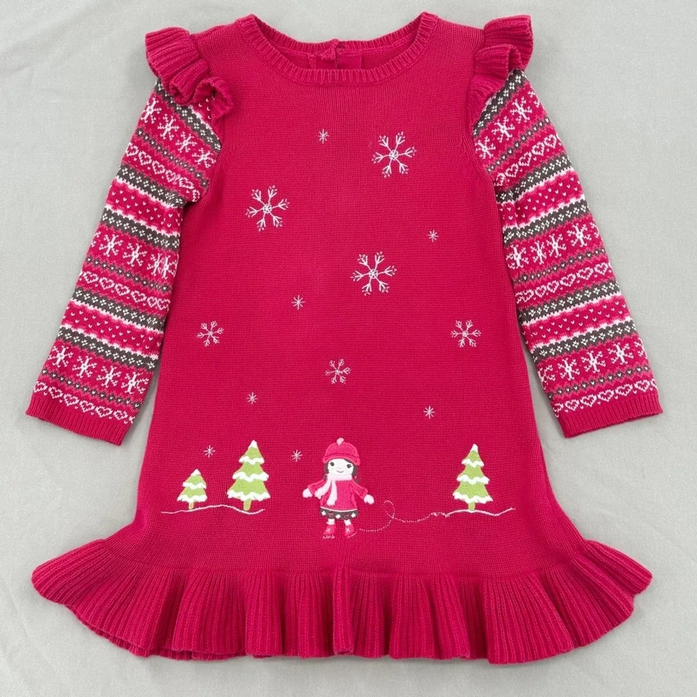 Gymboree Sweater Dress Girls 6 Pink Snowflake Fair Isle Winter Holiday Ruffle